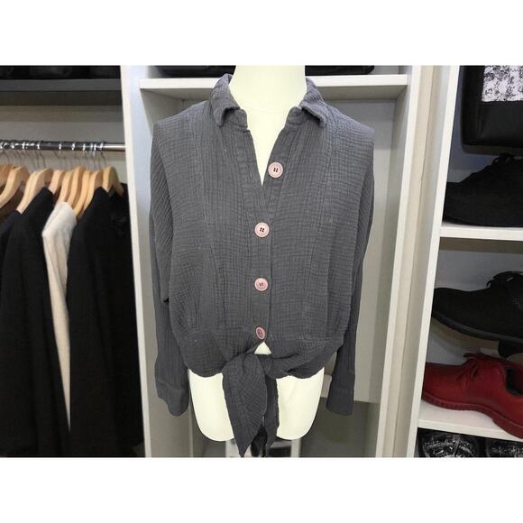 Free people Women's size large long sleeve button front tie at the waist detail - Picture 1 of 4